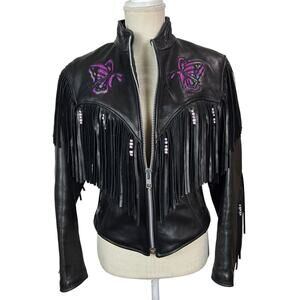 TRD Leathers Black Leather Purple Butterfly Tasseled Motorcycle Jacket Size 10